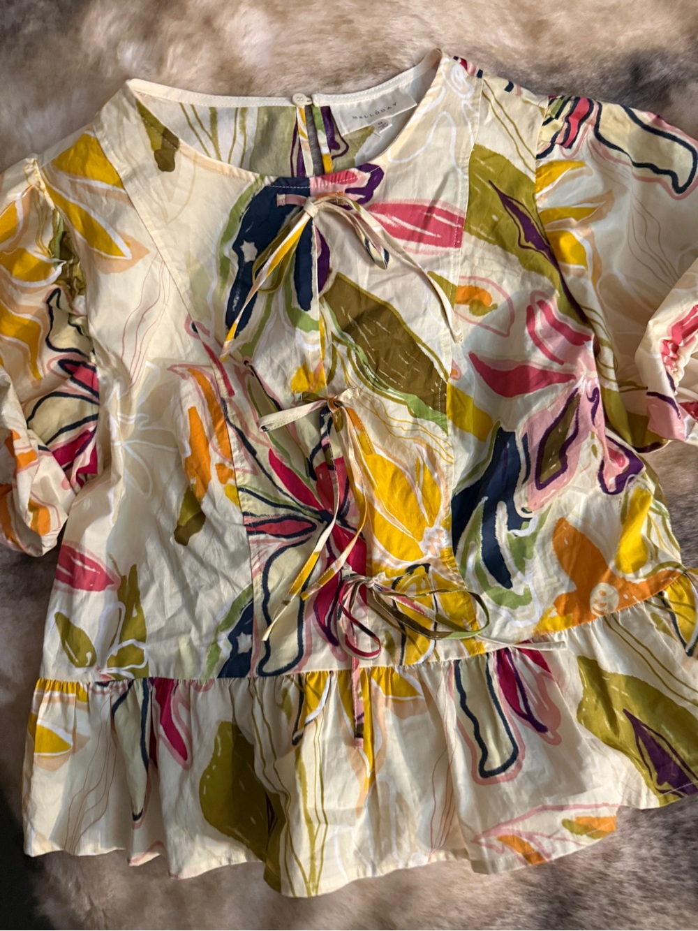 MELLODAY Cream Floral Tie-Front Peplum Top with Multicolor Print - Picture 2 of 3